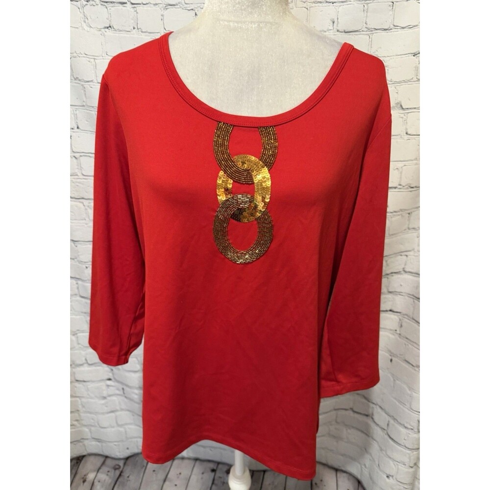 Susan Graver QVC Gold ring embellishment Red Tunic Blouse Top Size Large